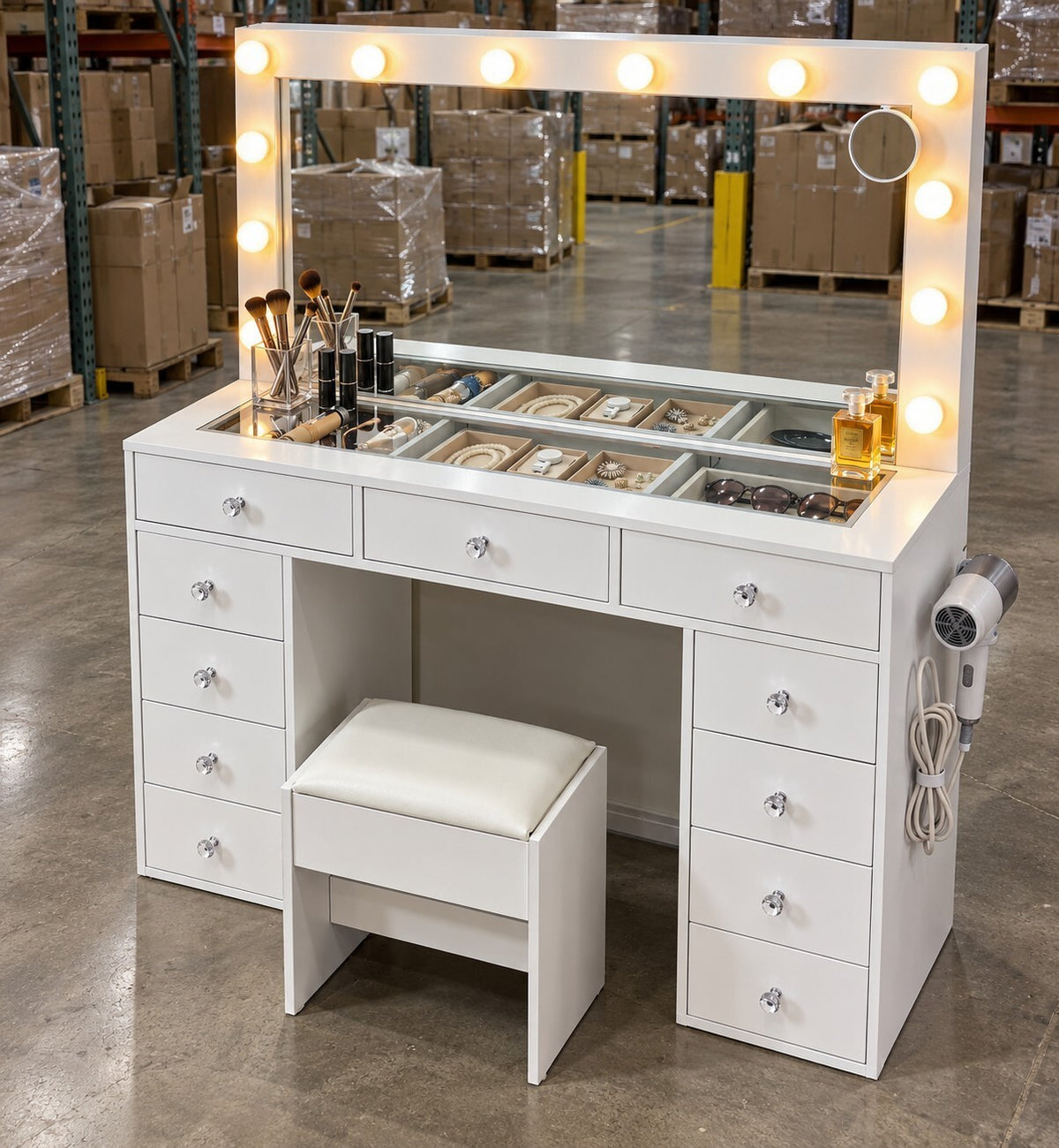 Hollywood Dressing Table Vanity Desk LED Mirror and Stool 11 Drawers White - Brand New