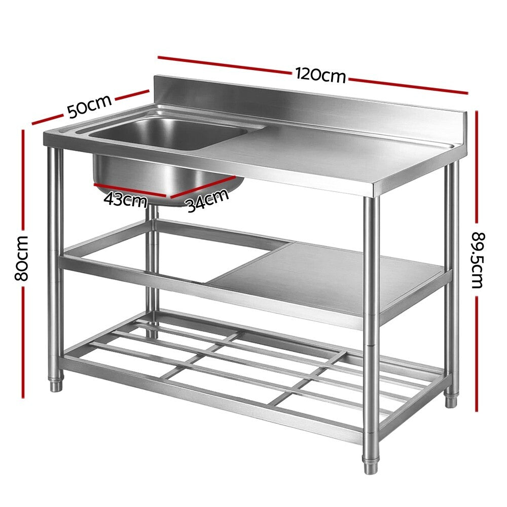 Stainless Steel Kitchen Bench Work Table with Sink Splashback 120cm - Brand New