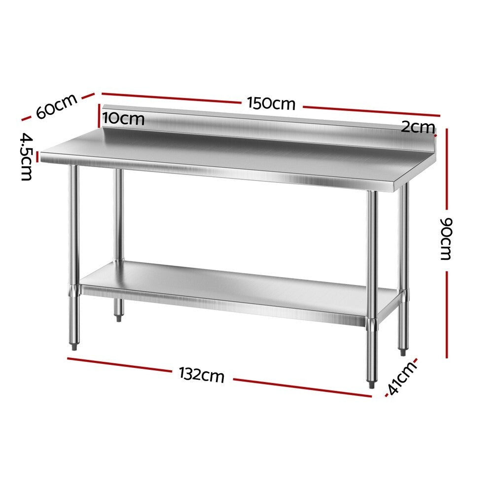 Stainless Steel Kitchen Bench with Splashback 1500 x 600mm Prep Table - Brand New