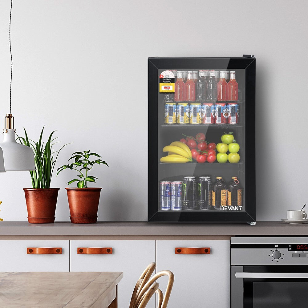 70L Bar Fridge Glass Door with LED Light Black - Brand New