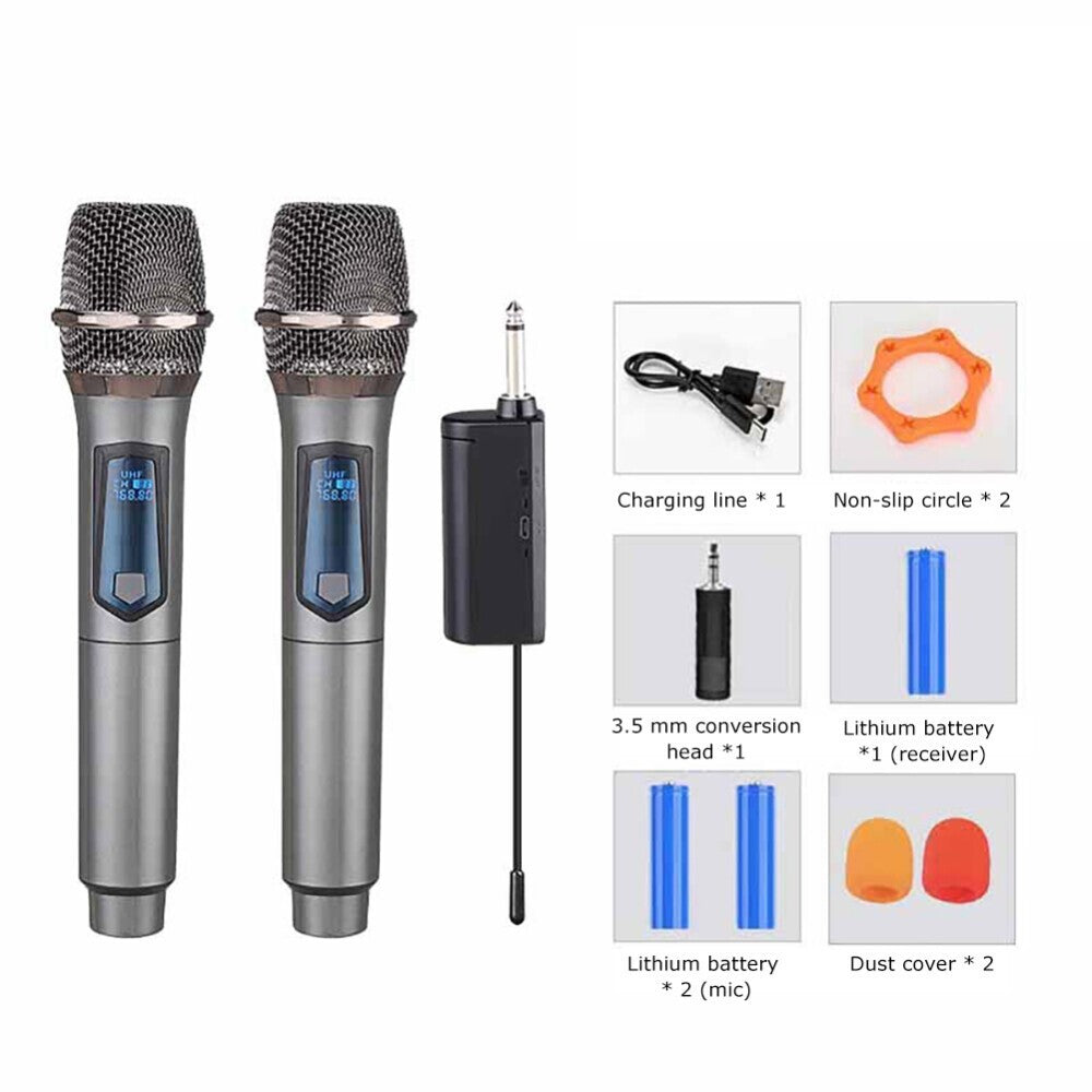2x Wireless Microphones UHF Handheld Karaoke Mic Set with Receiver - Brand New
