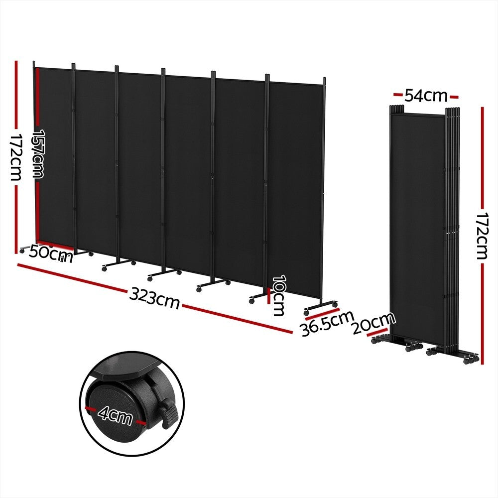 6 Panel Room Divider Screen on Wheels 323cm Black - Brand New