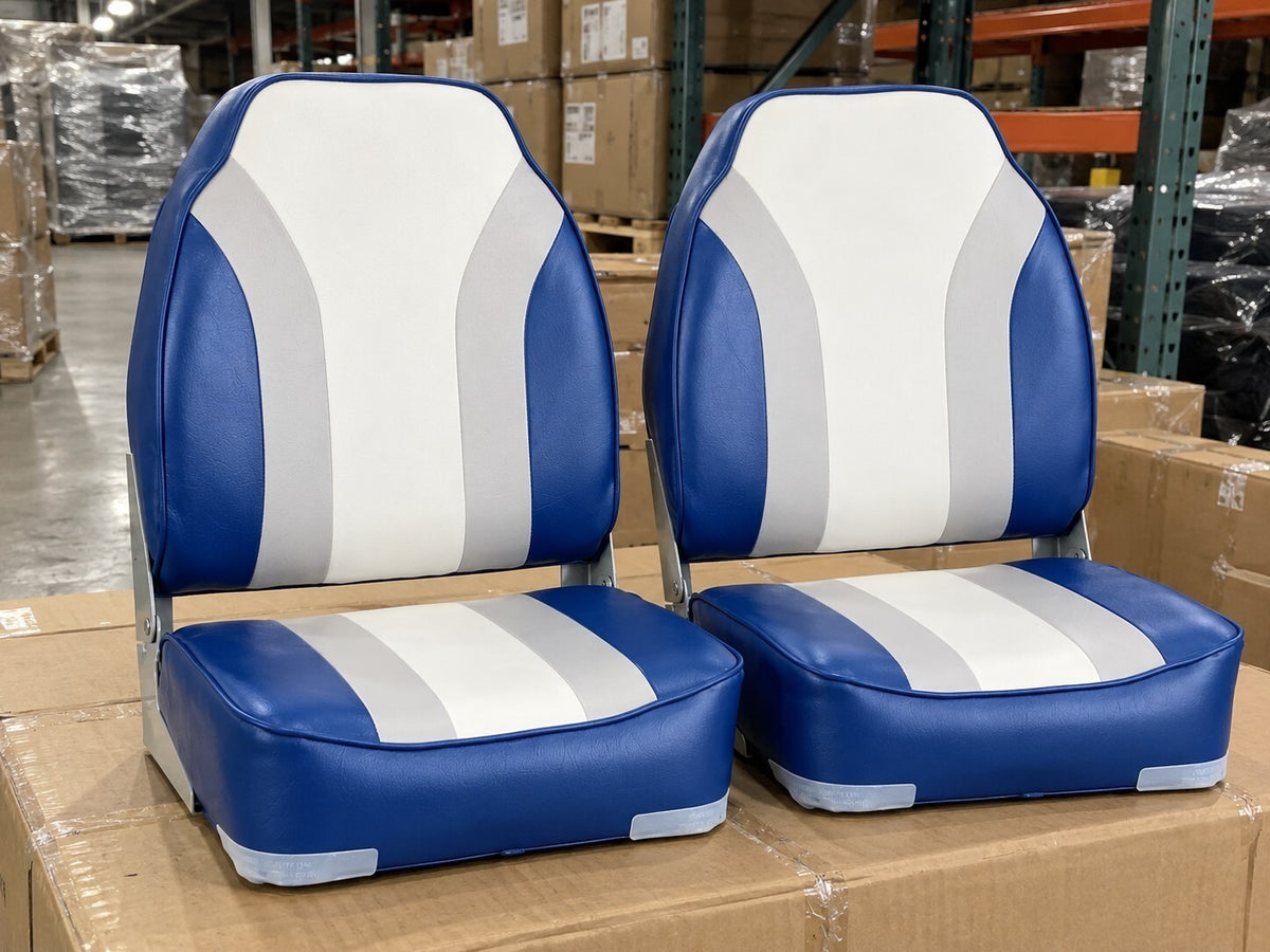 Pair of Folding Boat Seats High Back Swivel Marine Seats White Blue - Brand New