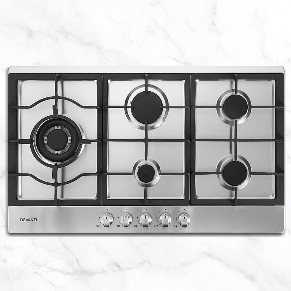 90cm Gas Cooktop 5 Burner Stainless Steel with Wok Burner - Brand New