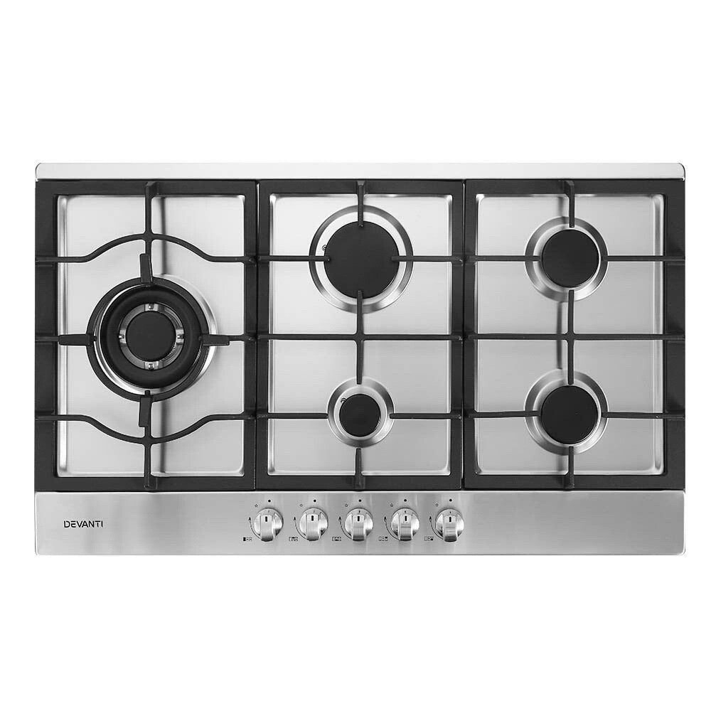 90cm Gas Cooktop 5 Burner Stainless Steel with Wok Burner - Brand New