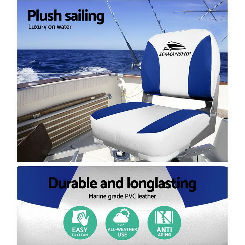 Pair of Folding Boat Seats Marine Swivel Low Back Padded White Blue - Brand New