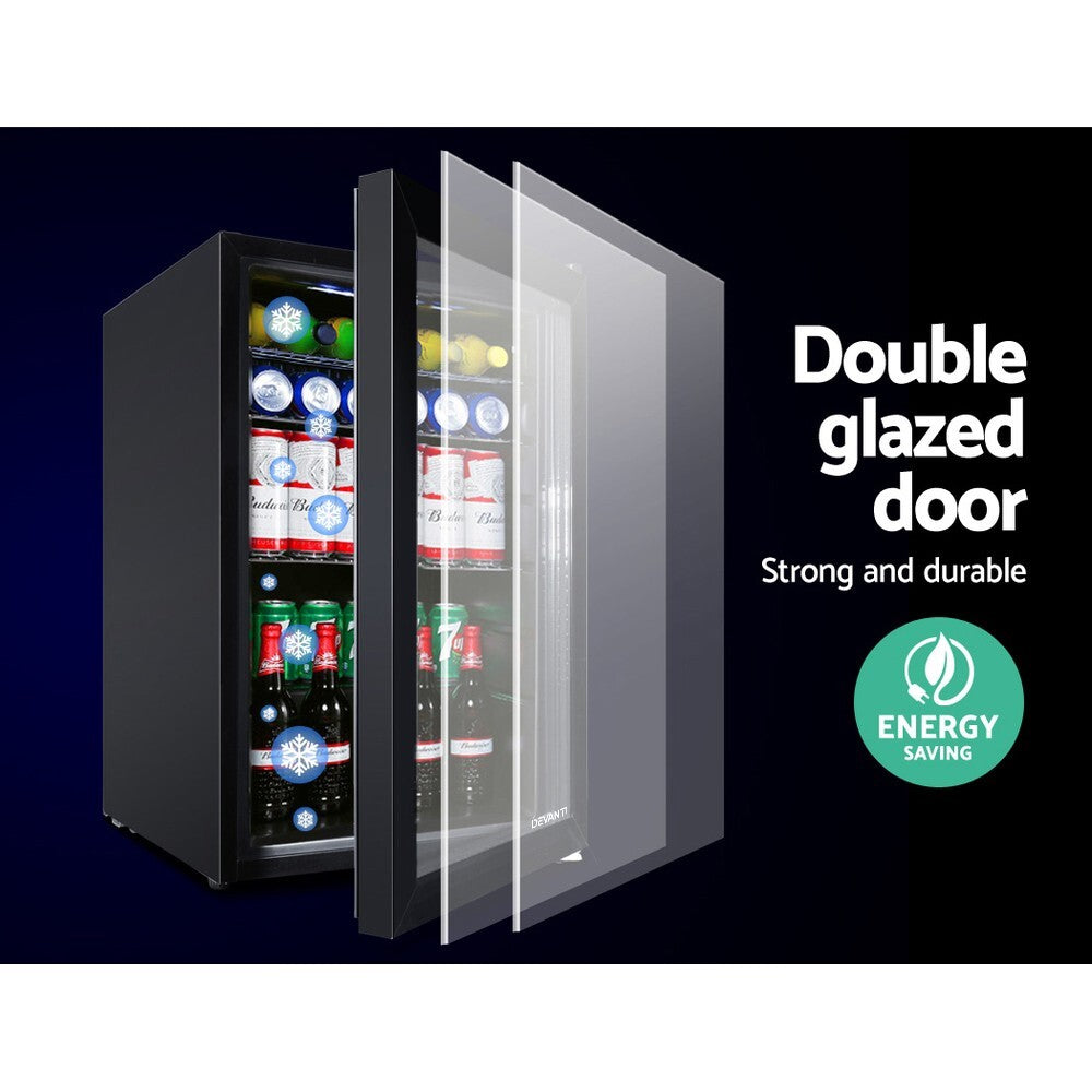 70L Bar Fridge Glass Door with LED Light Black - Brand New