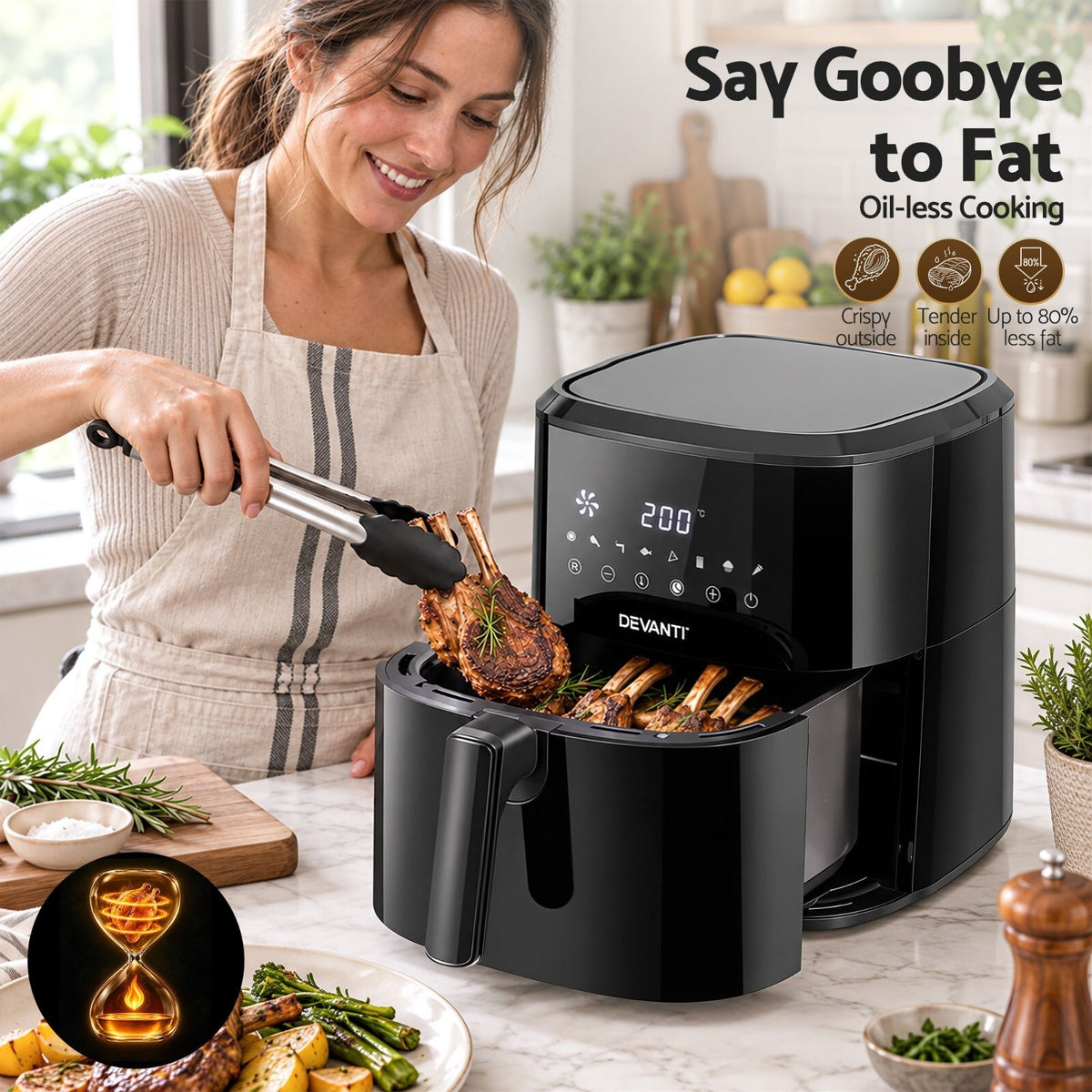 6.5L Air Fryer 1700W Digital Touch 8 Presets Black - Brand New