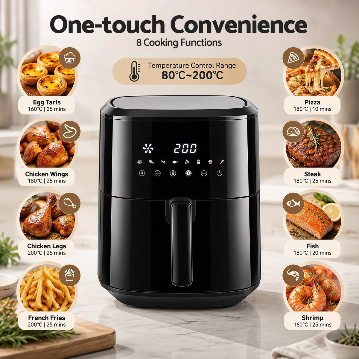 6.5L Air Fryer 1700W Digital Touch 8 Presets Black - Brand New