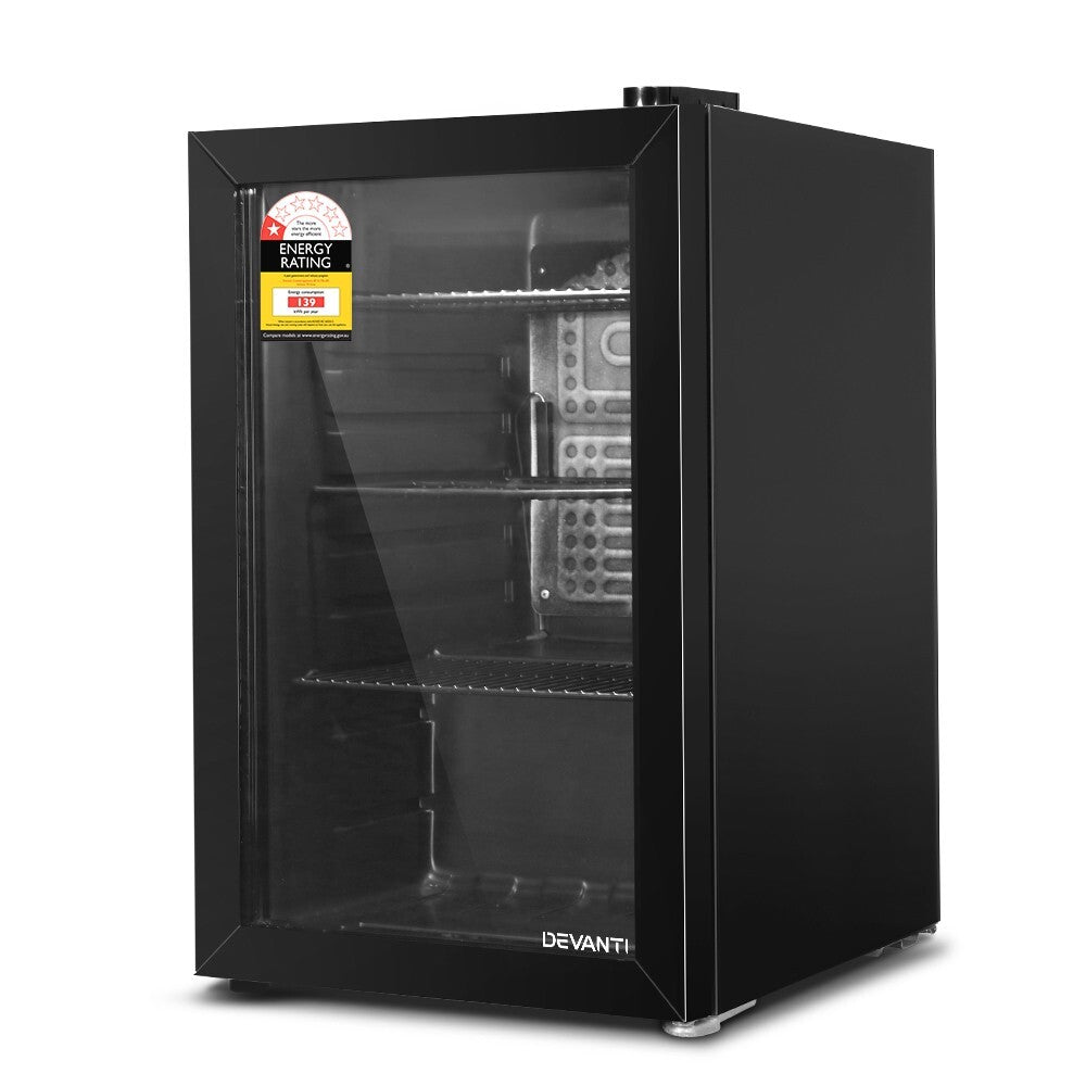 70L Bar Fridge Glass Door with LED Light Black - Brand New