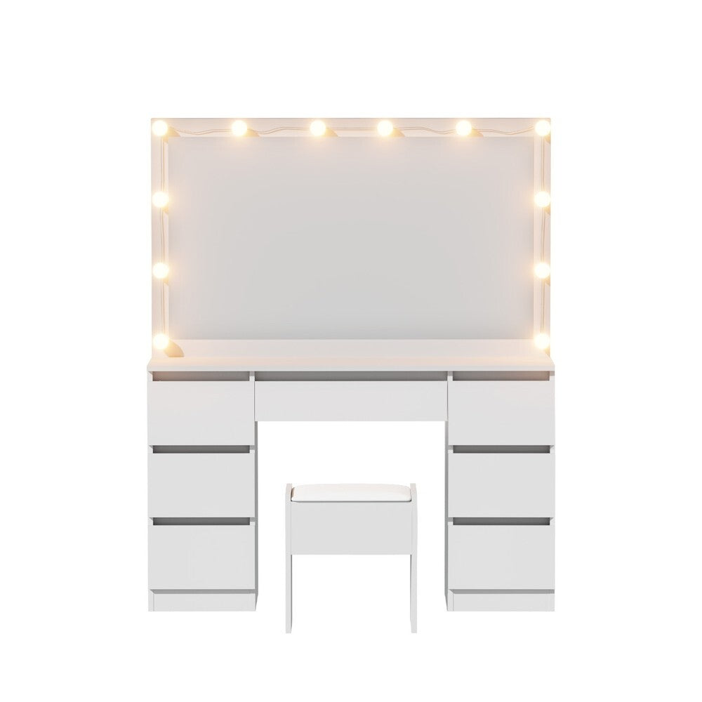 Hollywood Dressing Table with 12 LED Bulb Mirror Stool 7 Drawers White - Brand New
