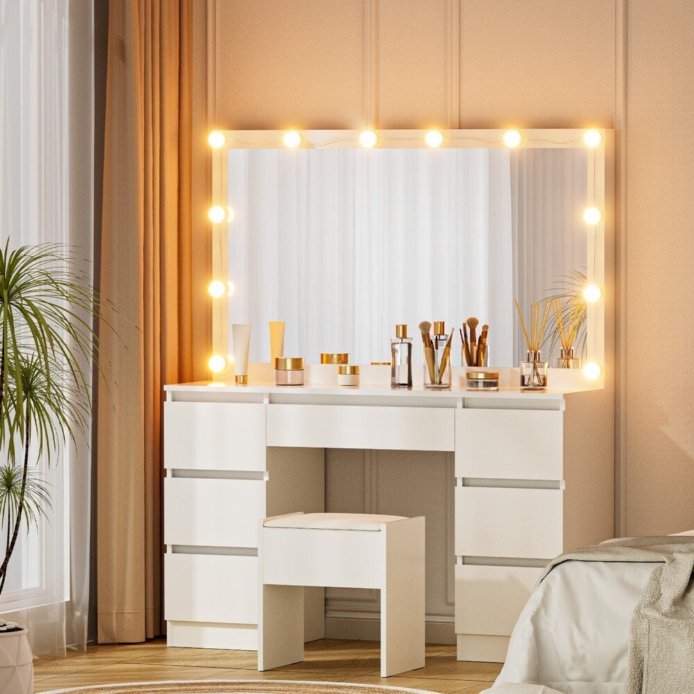 Hollywood Dressing Table with 12 LED Bulb Mirror Stool 7 Drawers White - Brand New