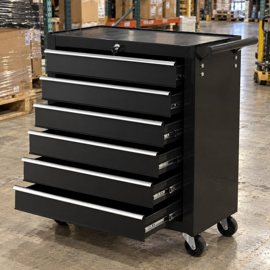 6 Drawer Tool Box Cabinet Trolley on Wheels Lockable Black - Brand New