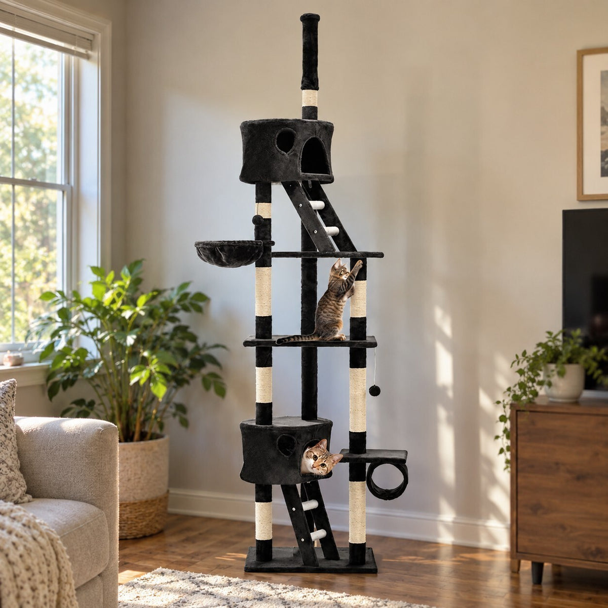 Cat Tree 260cm Tall Tower Scratching Post Condo House Grey - Brand New