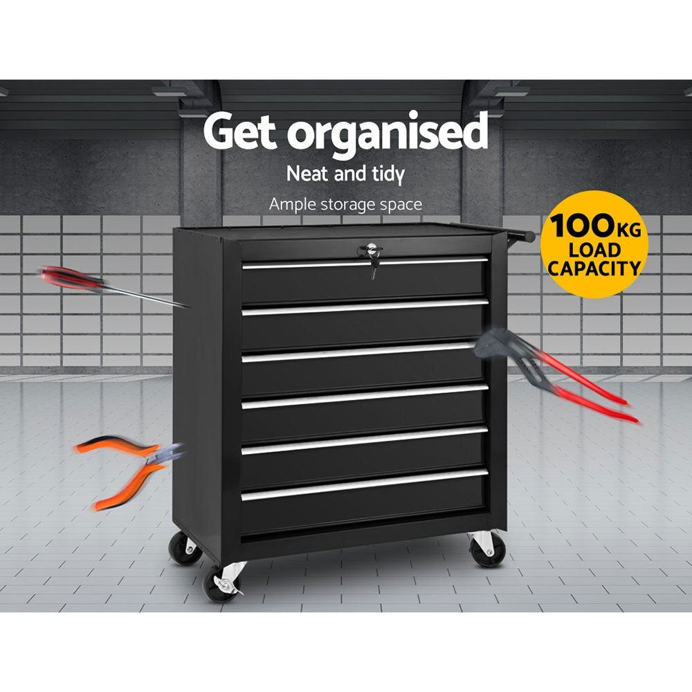 6 Drawer Tool Box Cabinet Trolley on Wheels Lockable Black - Brand New