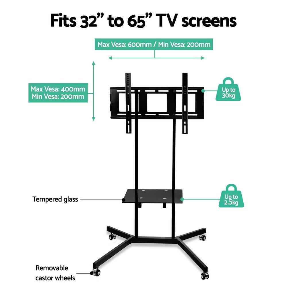 Mobile TV Stand on Wheels for 32-65 inch TVs Trolley Cart with Shelf - Brand New