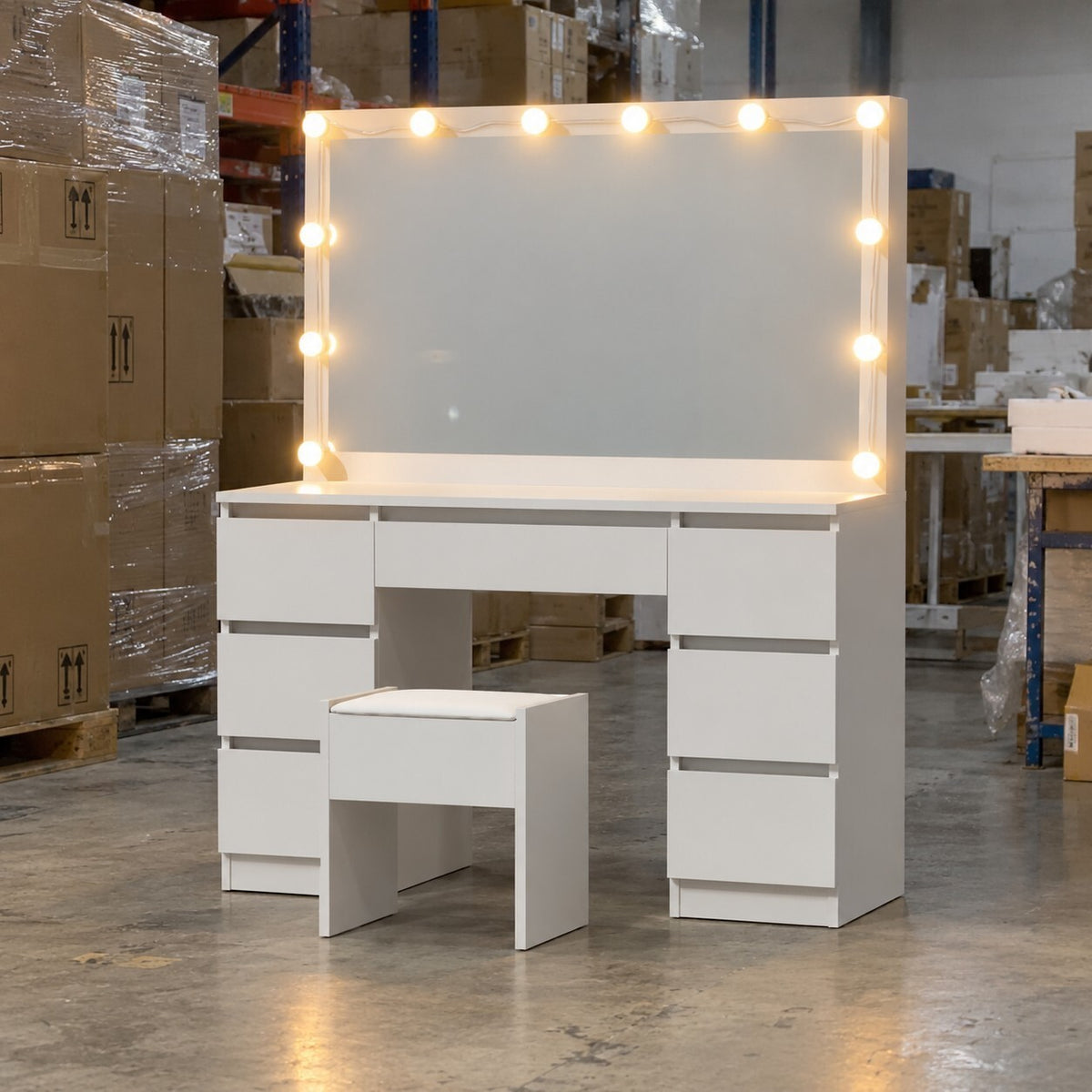 Hollywood Dressing Table with 12 LED Bulb Mirror Stool 7 Drawers White - Brand New