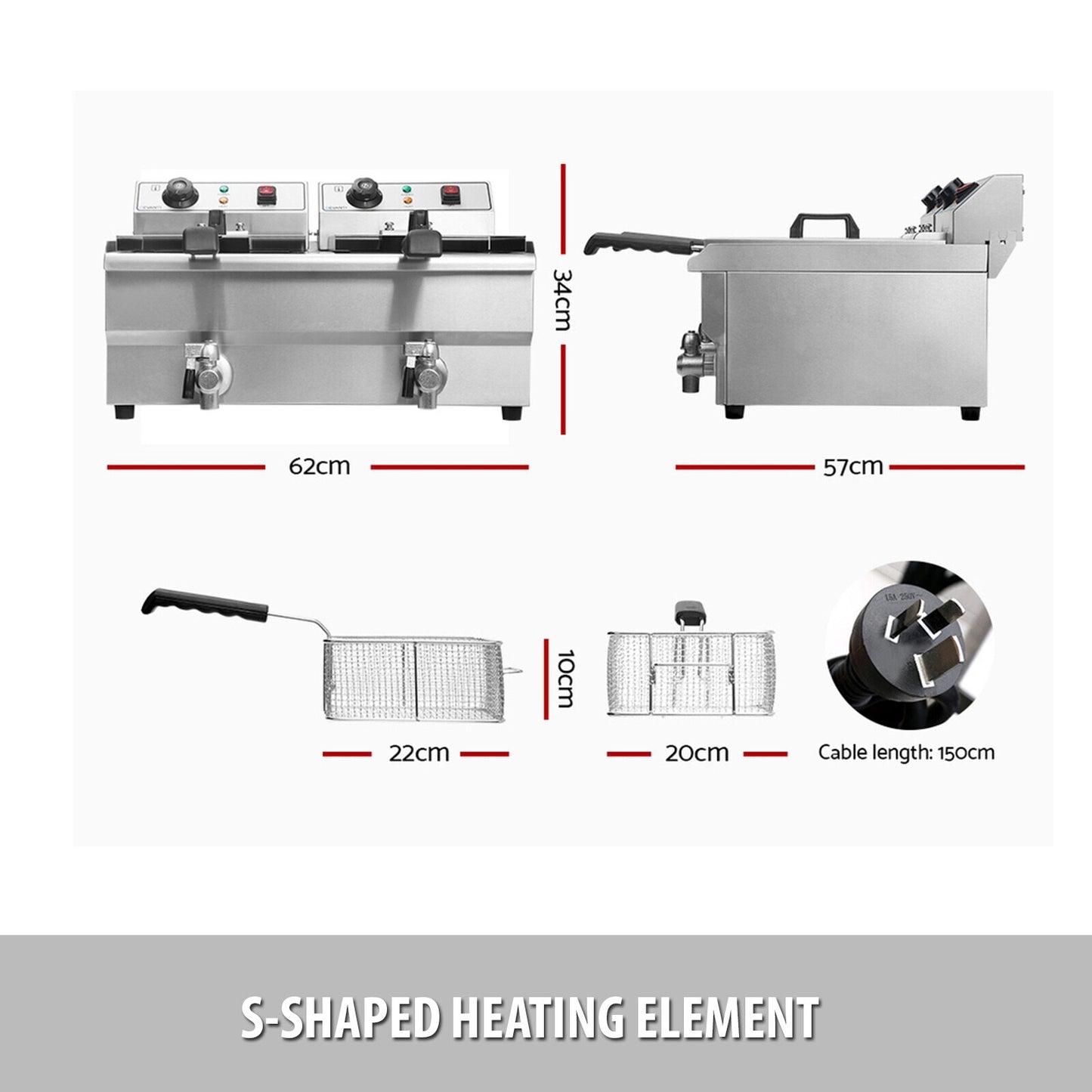 Commercial Electric Deep Fryer Twin Frying Countertop Basket Chip Cooker