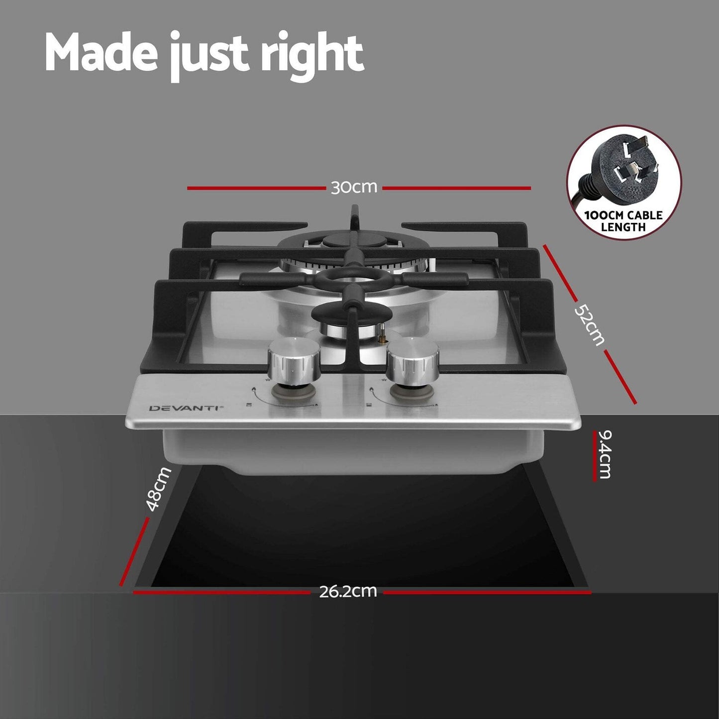 Gas Cooktop 30cm 2 Burner Silver