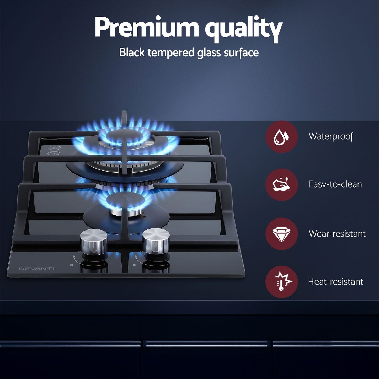 Gas Cooktop 30cm 2 Burner Built-in Stove Glass Cook Top NG LPG Wok burner