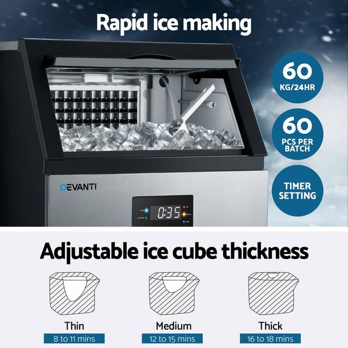 Commercial Stainless Steel Ice Maker Machine - 60kg/24h Cubed Ice
