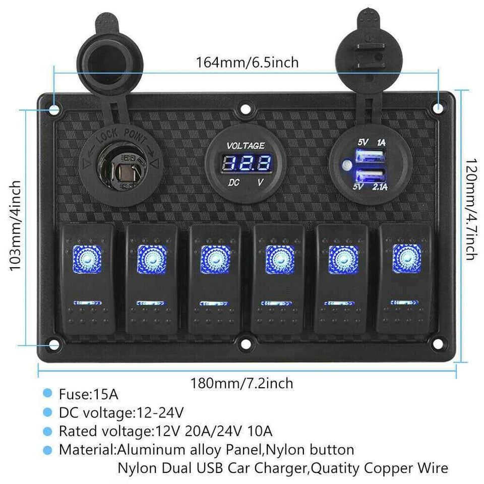 6 Gang 12V Switch Panel LED Light Rocker Circuit Breaker For Car RV Boat Marine