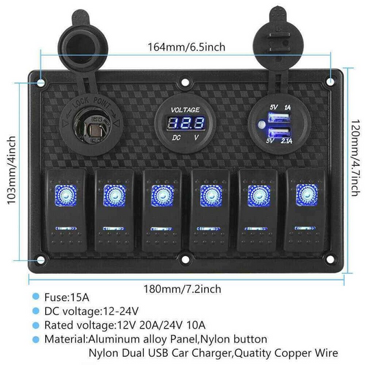 6 Gang 12V Switch Panel LED Light Rocker Circuit Breaker For Car RV Boat Marine
