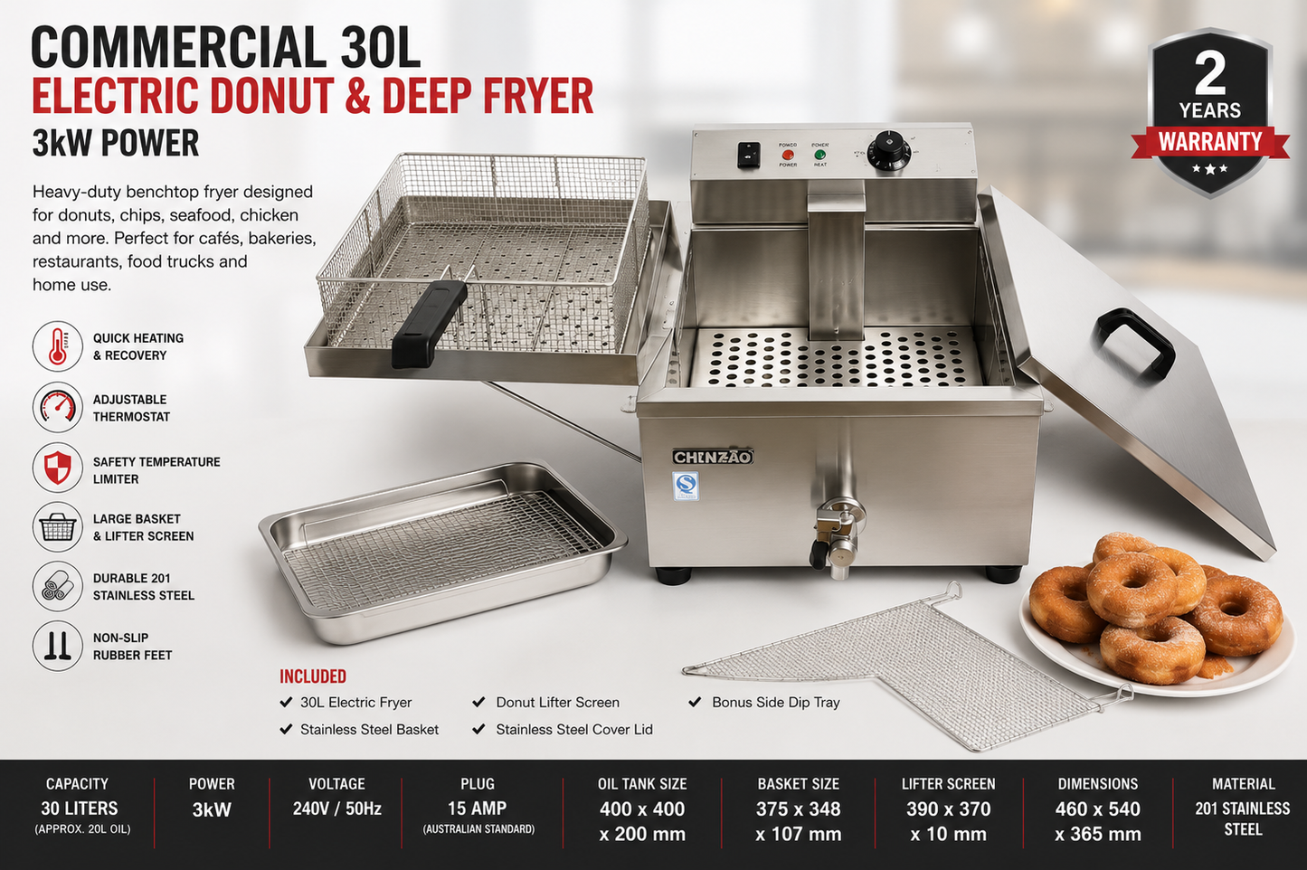 BIG 30L COMMERCIAL DEEP FRYER BIG BASKET LIFTER SCREEN +SIDE TRAY+TAPE 2 YRS WTY (Copy)