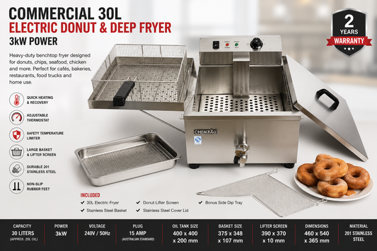 BIG 30L COMMERCIAL DEEP FRYER BIG BASKET LIFTER SCREEN +SIDE TRAY+TAPE 2 YRS WTY (Copy)