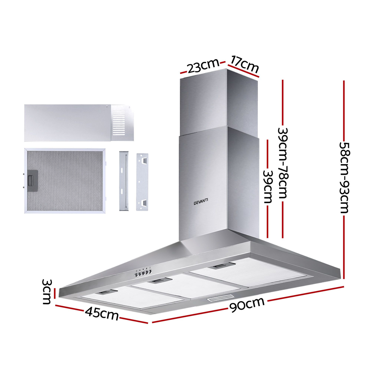 900mm Range Hood 90cm Rangehood Kitchen Canopy LED Light Stainless Steel