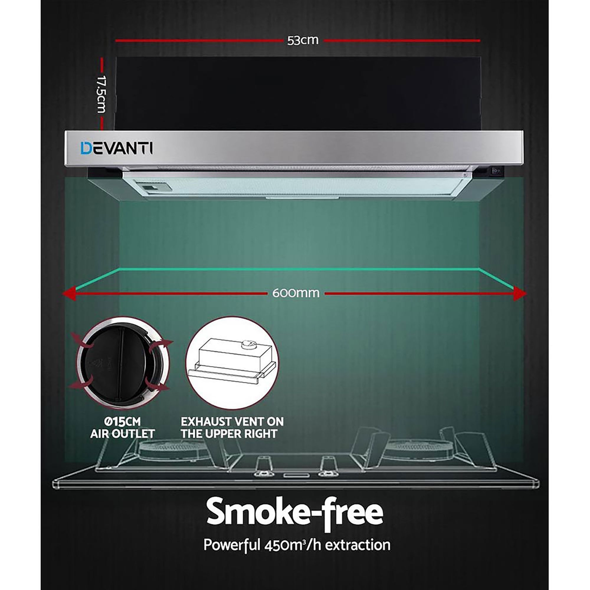 600mm Range Hood 60cm Slide out Rangehood Kitchen Canopy Stainless Steel