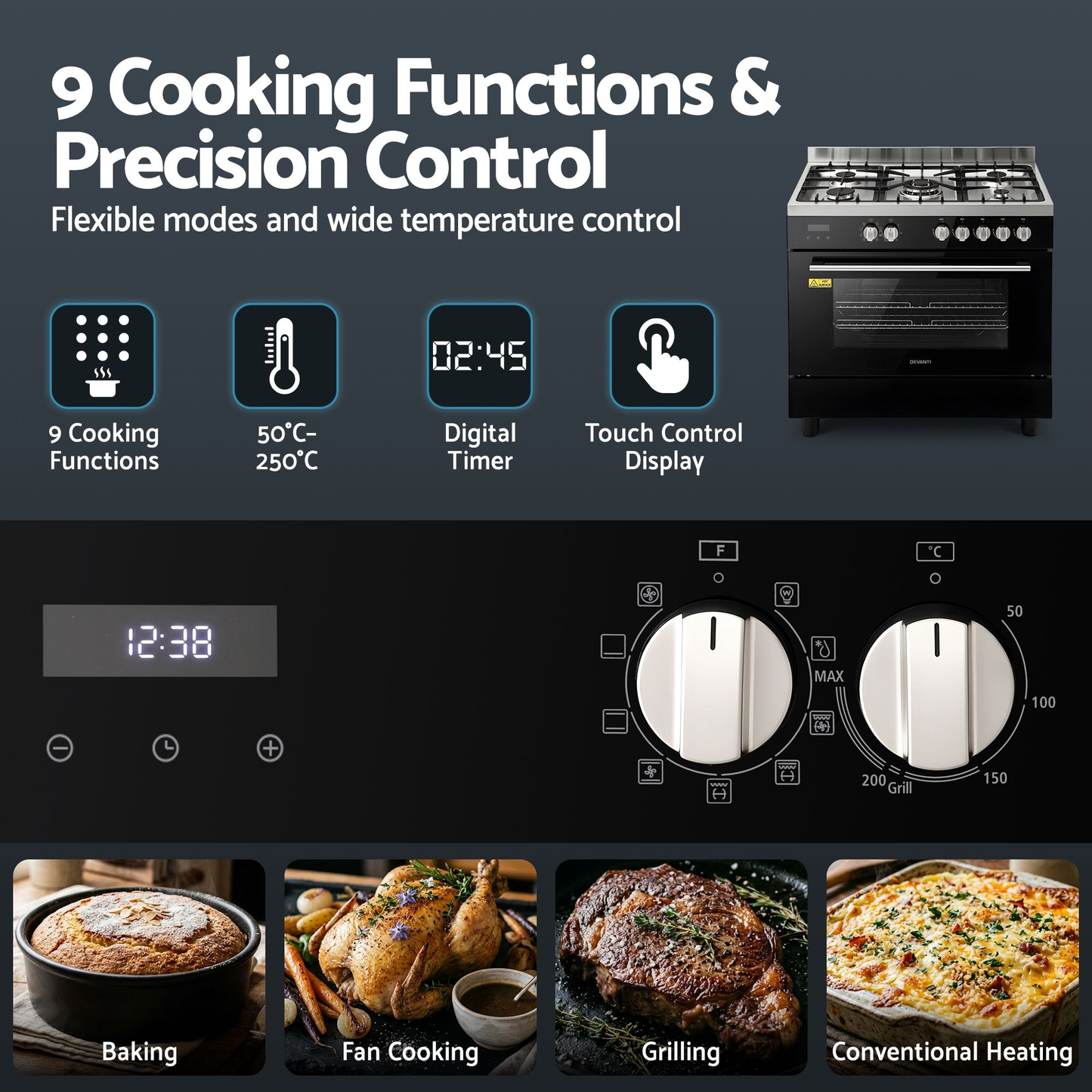 90cm Dual Fuel Cooker Gas Cooktop Electric Oven 5 Burner ( pre order )