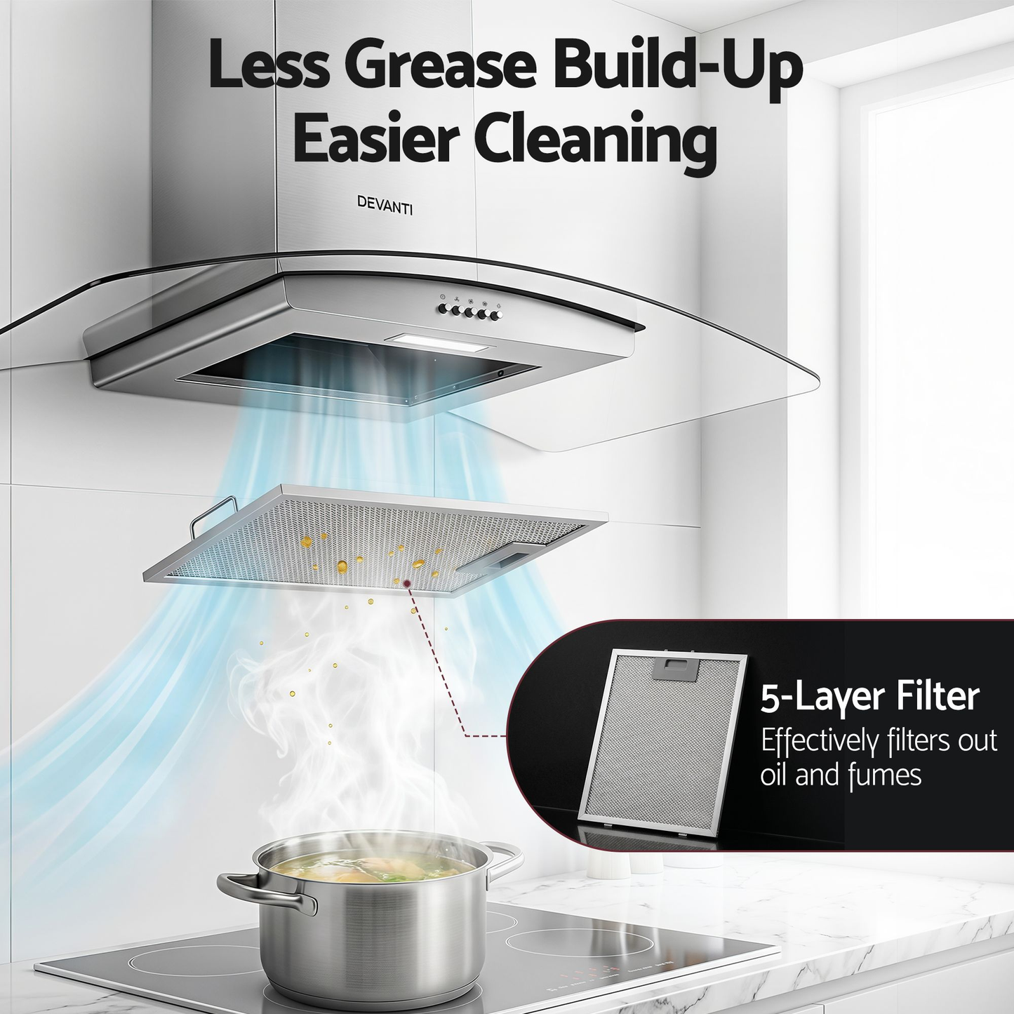 90cm Range Hood Curved Glass Canopy Rangehood Kitchen Exhaust Fan