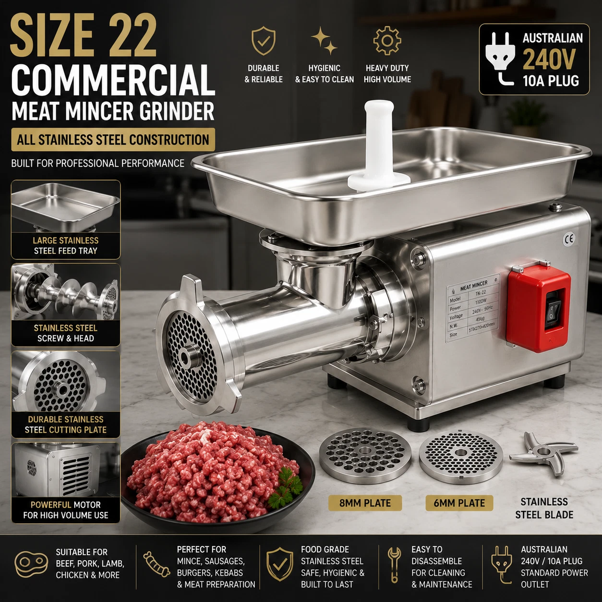 Size 22 Commercial Meat Mincer Grinder – All Stainless Steel AUSTRALIAN 240V