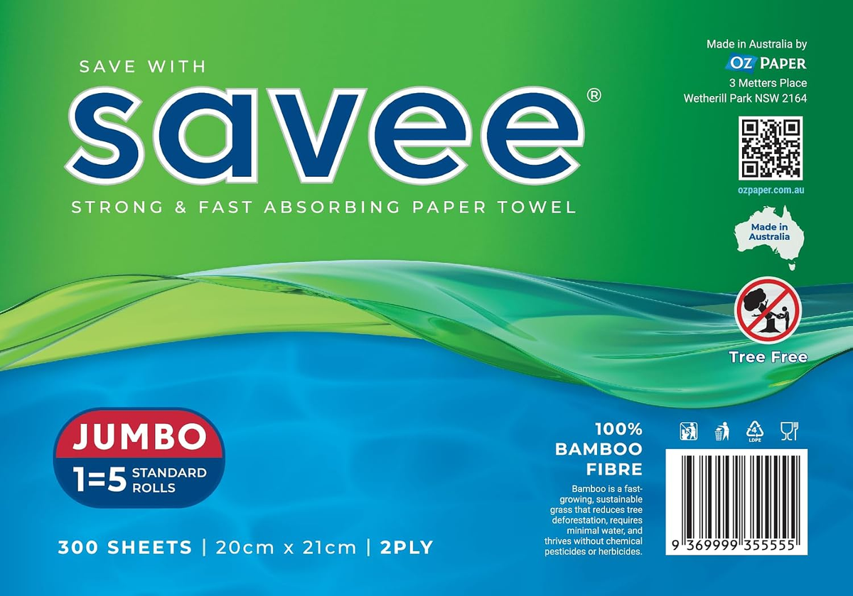 Savee Bamboo Jumbo Paper Towels, 6 Rolls x 300 Sheets (1800 Total Sheets) - 2-Ply Strong & Absorbent Paper Towel Rolls, Eco-Friendly 100% Bamboo Fibre Household Cleaning Towels