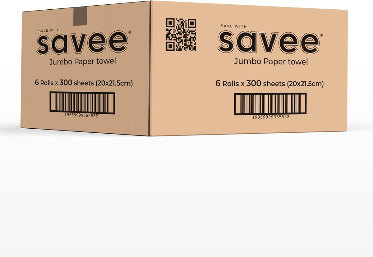 Savee Bamboo Jumbo Paper Towels, 6 Rolls x 300 Sheets (1800 Total Sheets) - 2-Ply Strong & Absorbent Paper Towel Rolls, Eco-Friendly 100% Bamboo Fibre Household Cleaning Towels