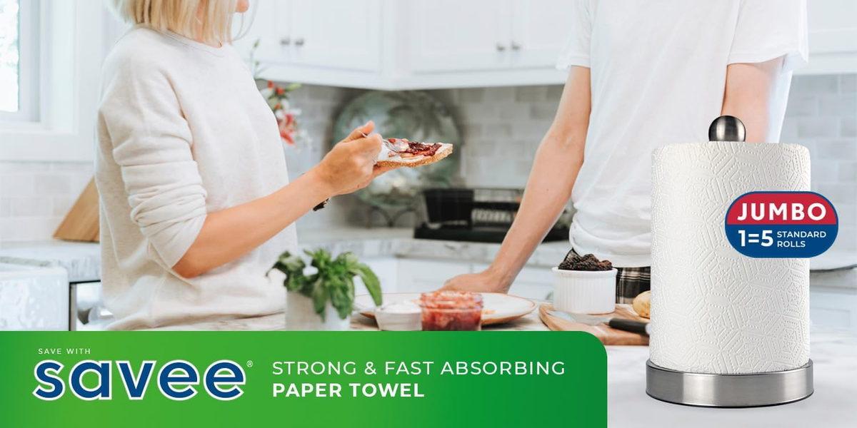 Savee Bamboo Jumbo Paper Towels, 6 Rolls x 300 Sheets (1800 Total Sheets) - 2-Ply Strong & Absorbent Paper Towel Rolls, Eco-Friendly 100% Bamboo Fibre Household Cleaning Towels