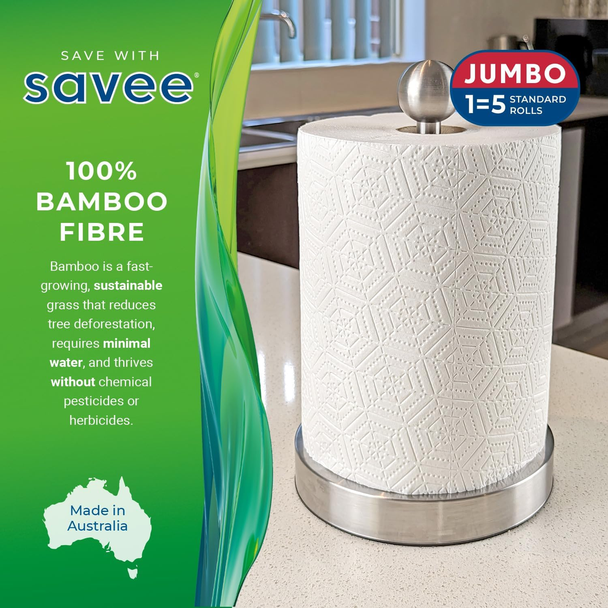 Savee Bamboo Jumbo Paper Towels, 6 Rolls x 300 Sheets (1800 Total Sheets) - 2-Ply Strong & Absorbent Paper Towel Rolls, Eco-Friendly 100% Bamboo Fibre Household Cleaning Towels