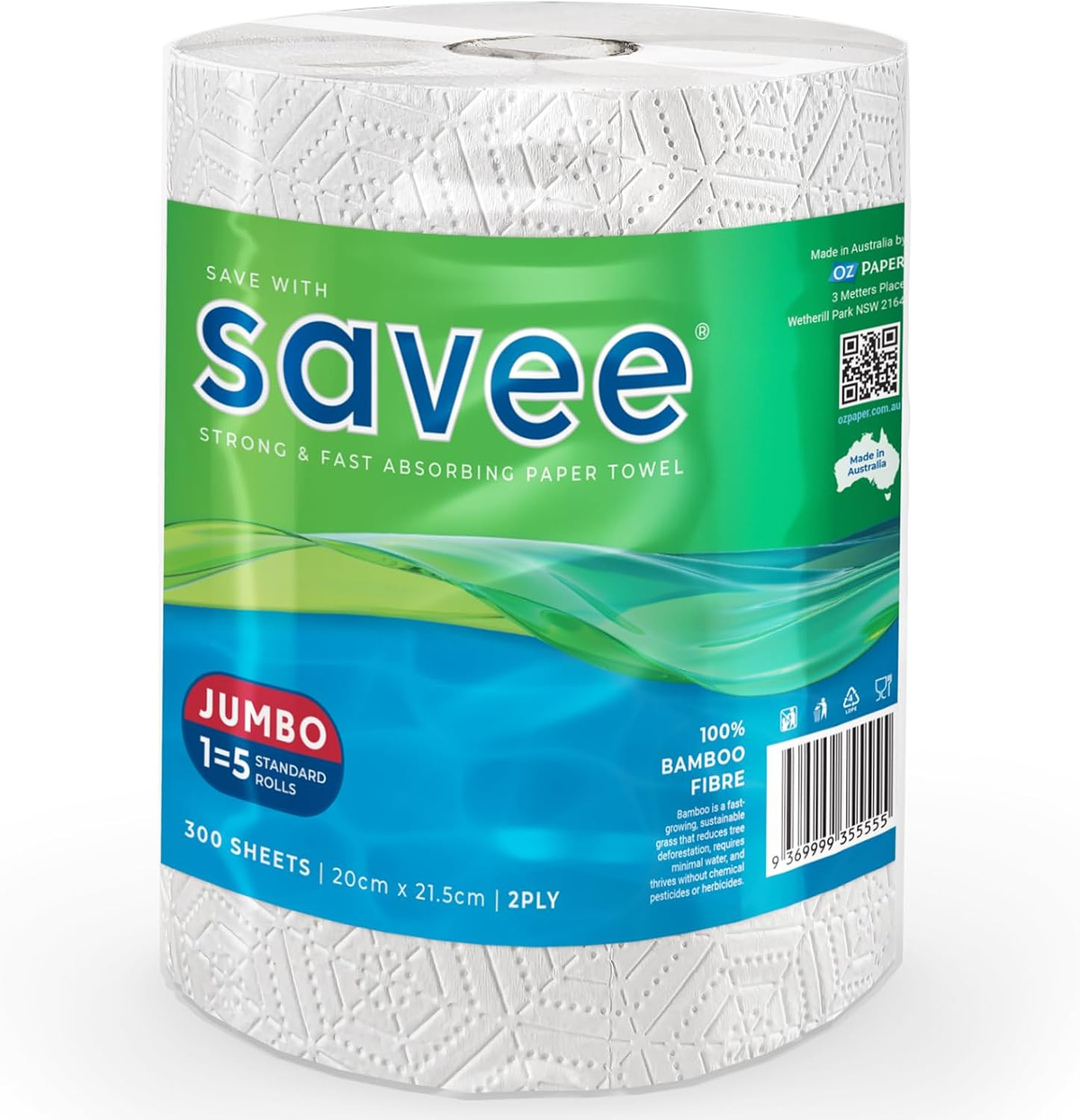 Savee Bamboo Jumbo Paper Towels, 6 Rolls x 300 Sheets (1800 Total Sheets) - 2-Ply Strong & Absorbent Paper Towel Rolls, Eco-Friendly 100% Bamboo Fibre Household Cleaning Towels