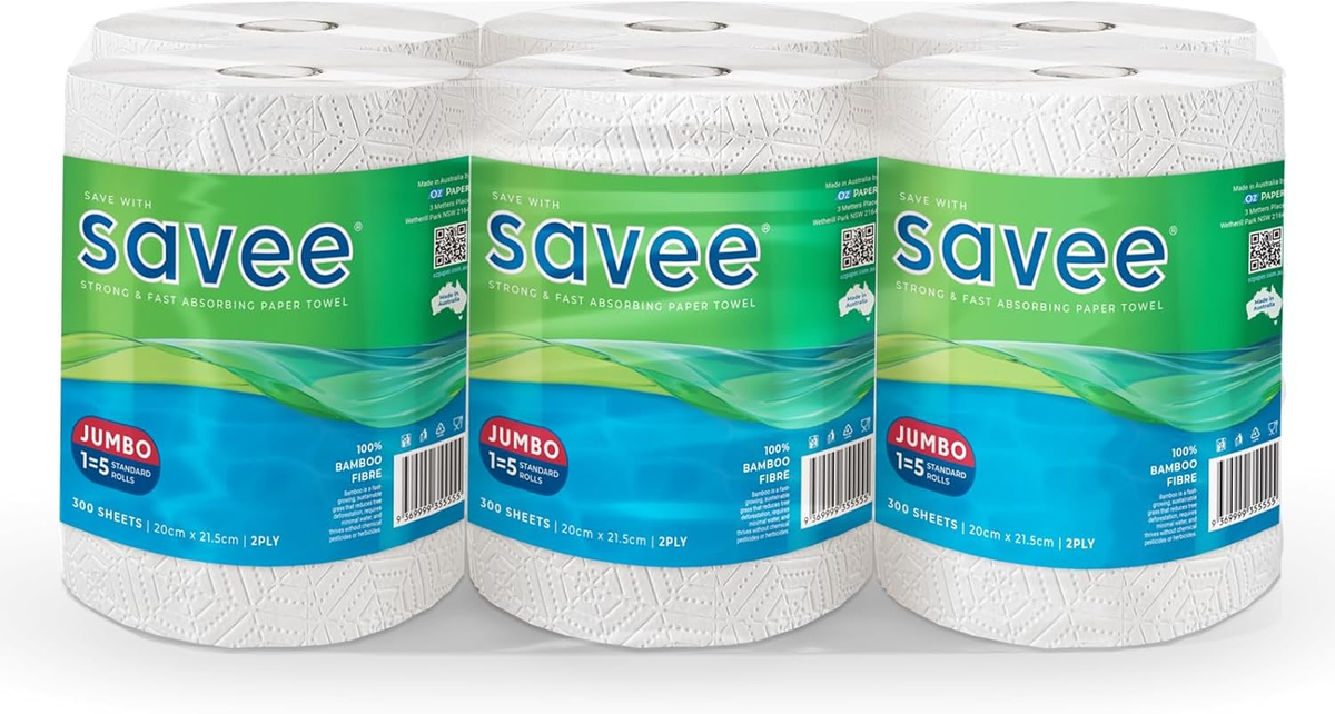 Savee Bamboo Jumbo Paper Towels, 6 Rolls x 300 Sheets (1800 Total Sheets) - 2-Ply Strong & Absorbent Paper Towel Rolls, Eco-Friendly 100% Bamboo Fibre Household Cleaning Towels