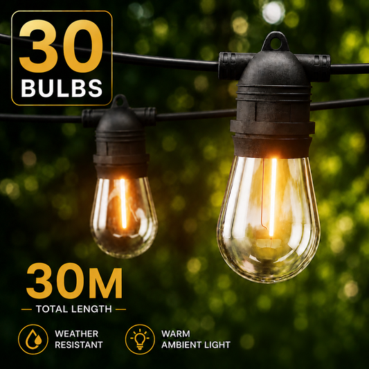 30M 30 Bulb Outdoor Festoon String Lights Warm White Garden Patio Party