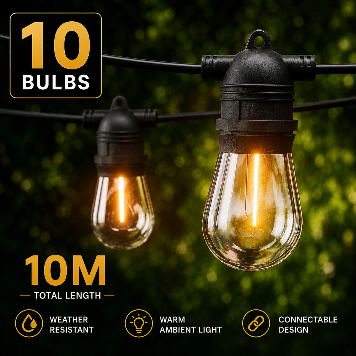 10M 10 Bulb Outdoor Festoon String Lights Warm White Garden Patio Party