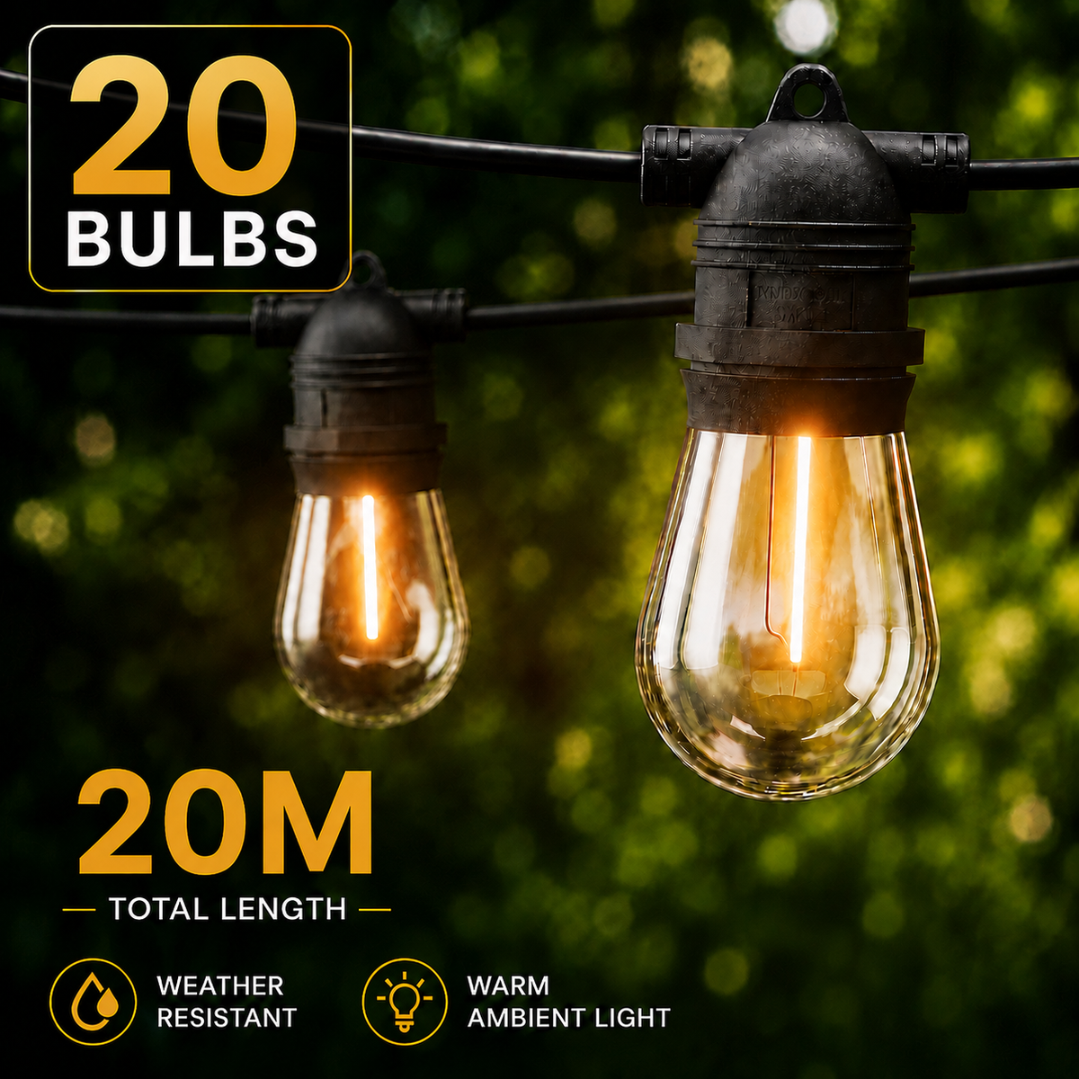 20M 20 Bulb Outdoor Festoon String Lights Warm White Garden Patio Party