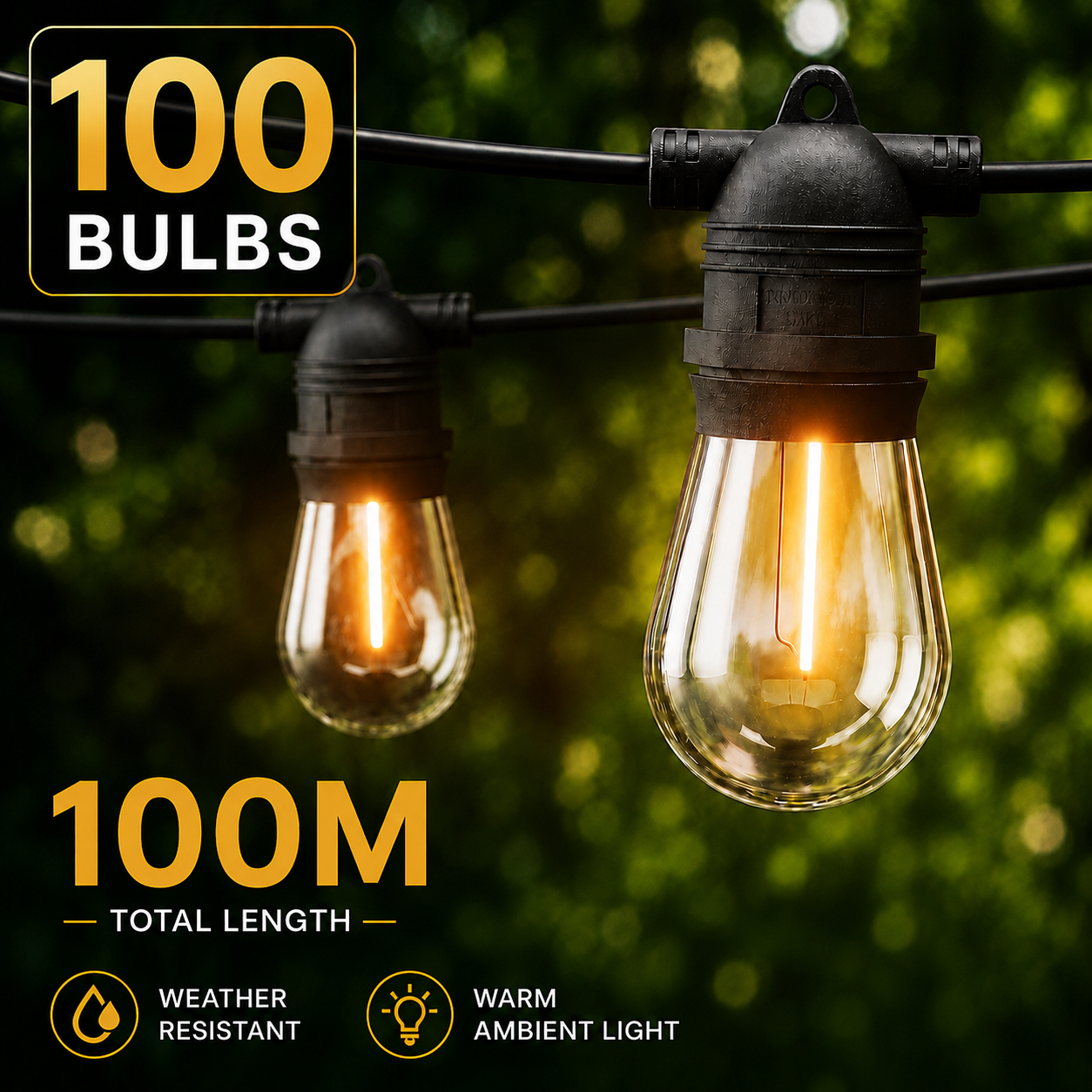 100M 100 Bulb Outdoor Festoon String Lights Warm White Garden Party Patio