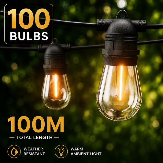 100M 100 Bulb Outdoor Festoon String Lights Warm White Garden Party Patio