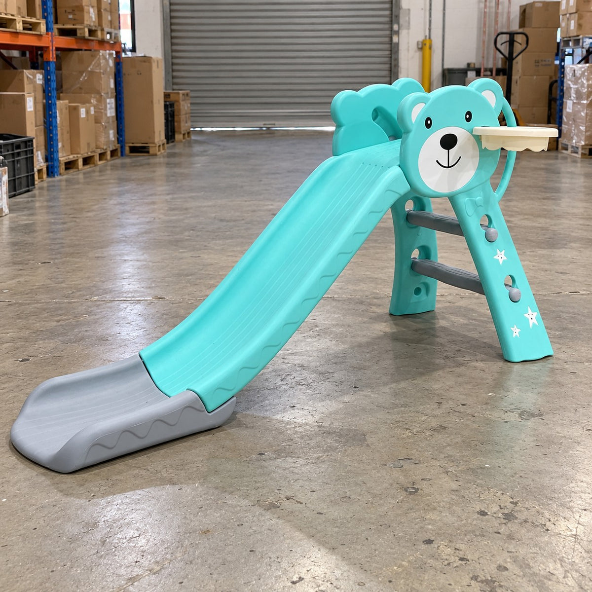 Kids Slide with Basketball Hoop Teal Bear - Brand New