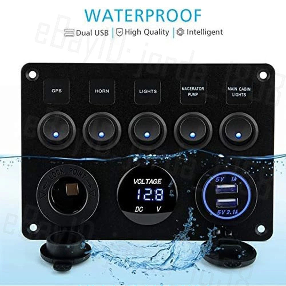 5 Gang 12V Switch Panel LED Rocker USB ON-OFF Toggle For Car Boat Marine Caravan
