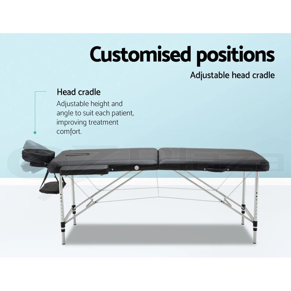 Massage Table 55cm Portable 2 Fold Aluminium Beauty Therapy Bed Black