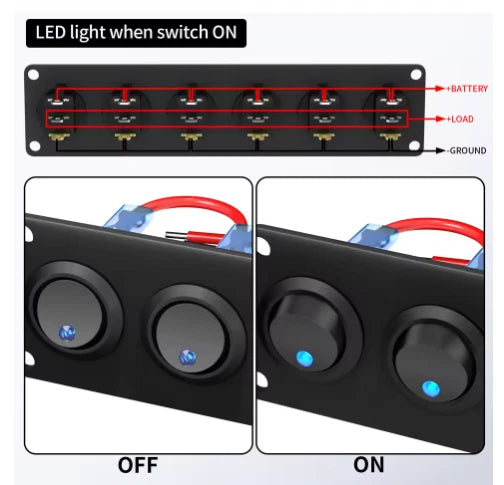 Pre Wired 6 Gang Switch Panel LED Rocker Switch 12V 20A Panel Car Truck Marine