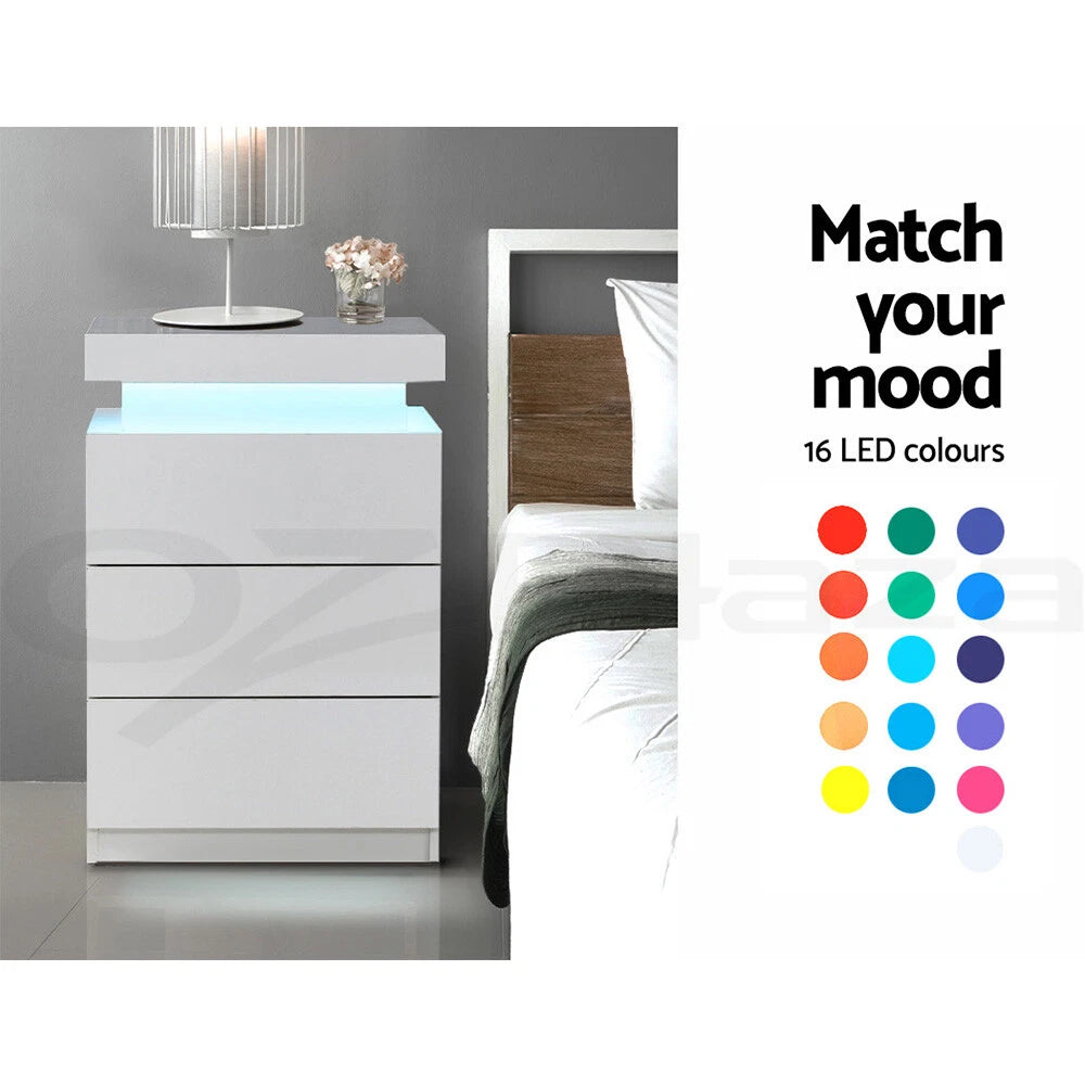 White Bedside Table Side Table 3 Drawers RGB LED High Gloss Nightstand Storage
